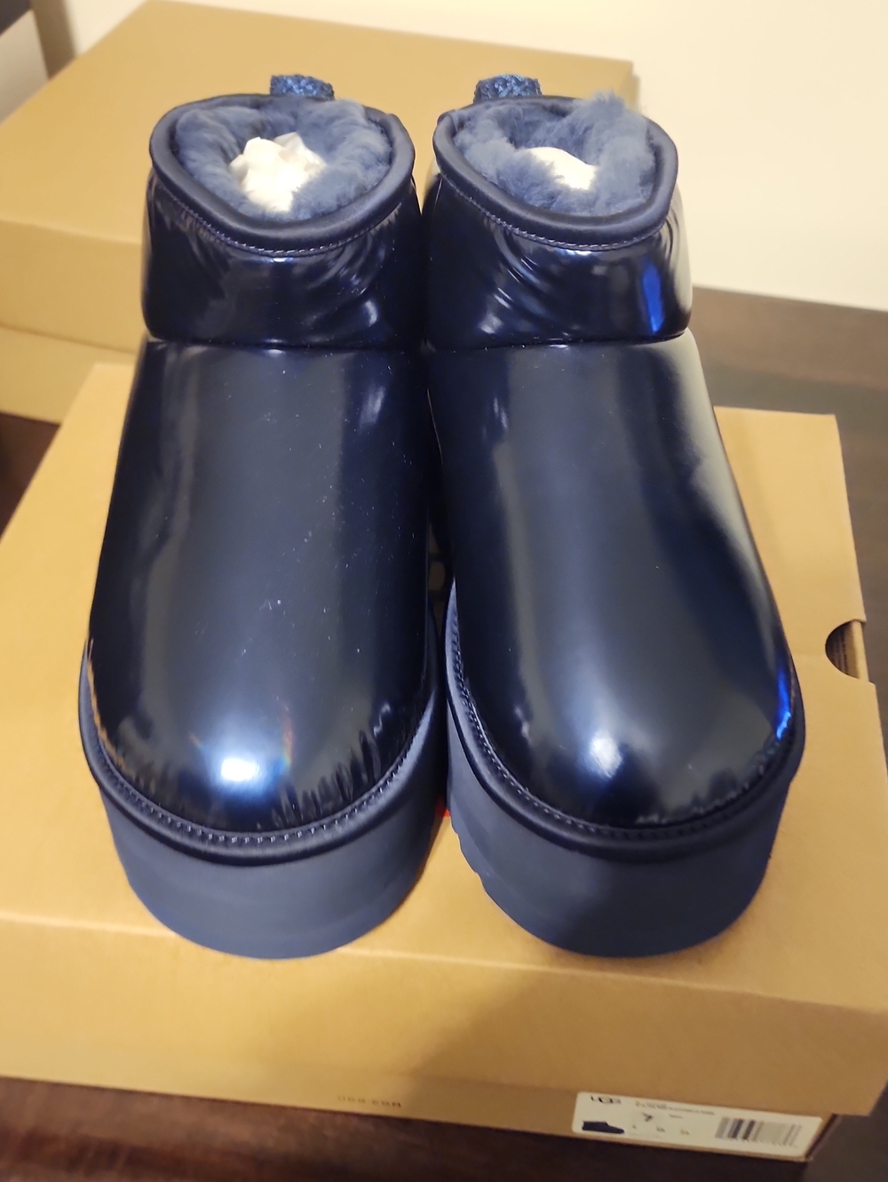 UGG Women’s Glossy Navy Ankle Booties with Shearling Trim
